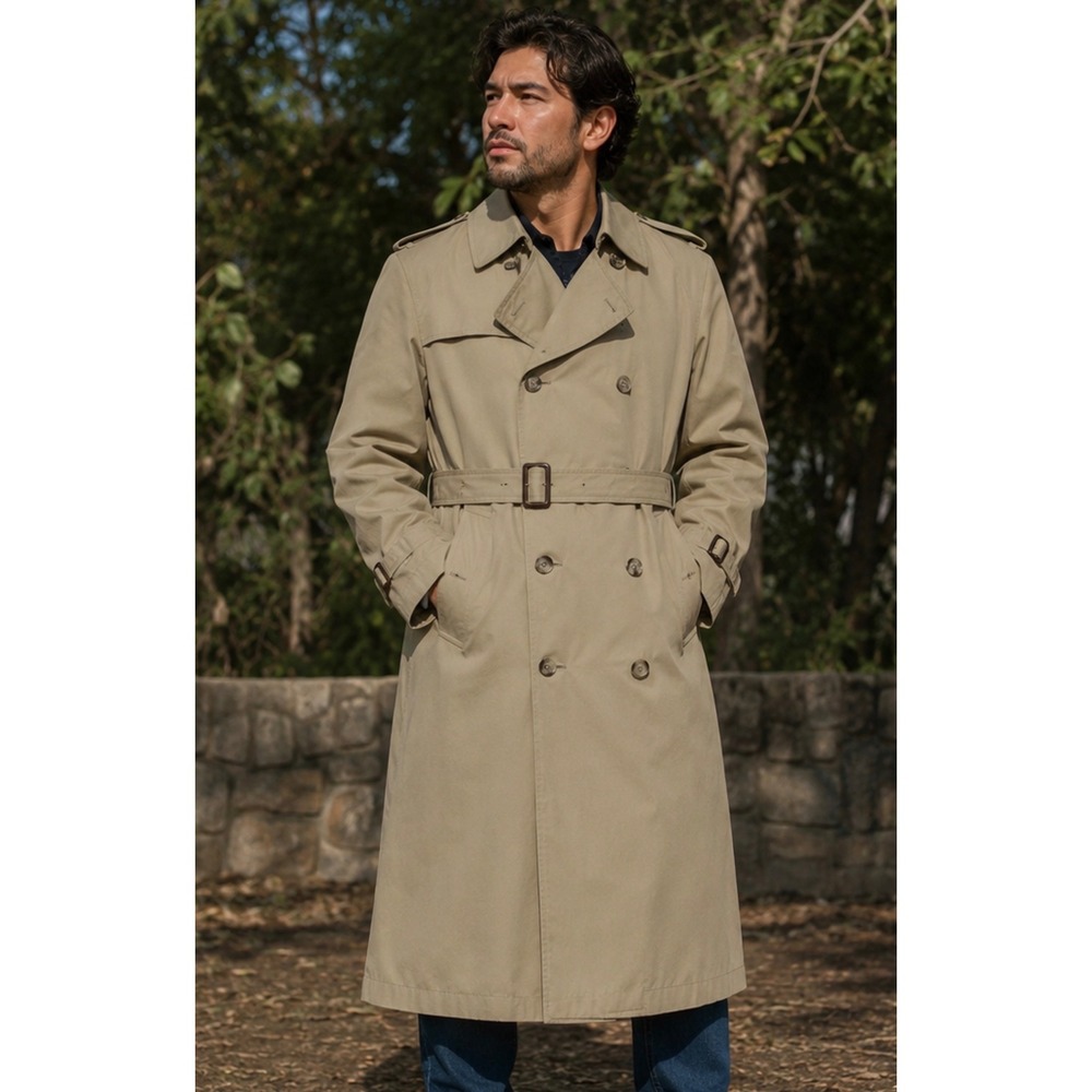 Vintage Botany 500 Men Trench Coat‎ Double Breasted Faux Fur Liner 42 Long USA